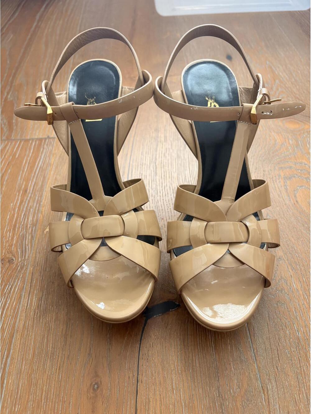 Saint Laurent Nude Patent Leather T-Strap Heels Elegant Parisian Chic Size 9